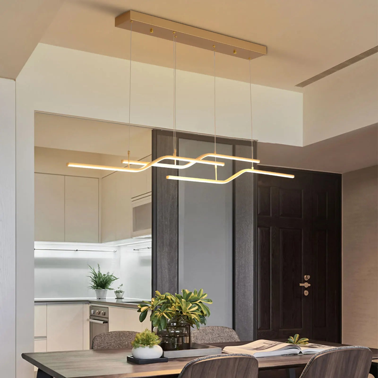 Modern Gold Linear LED Pendant Light – Dimmable Dining Chandelier